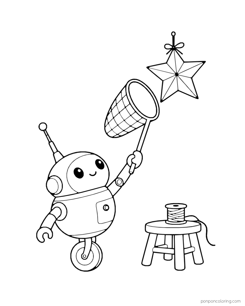 A little robot reaches toward a hanging paper star with a net.