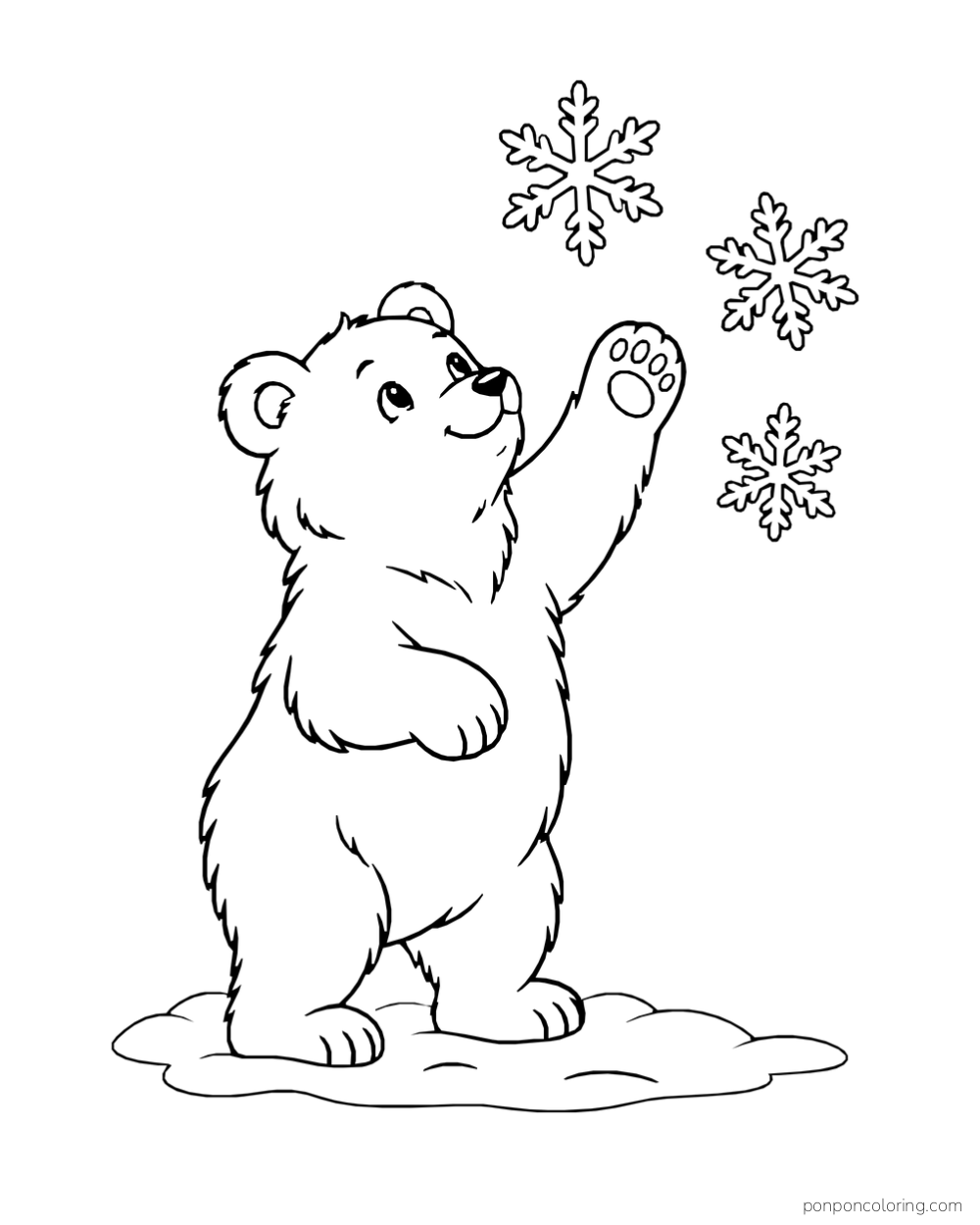 An upright bear lifts one paw toward three large snowflakes above a snow patch.