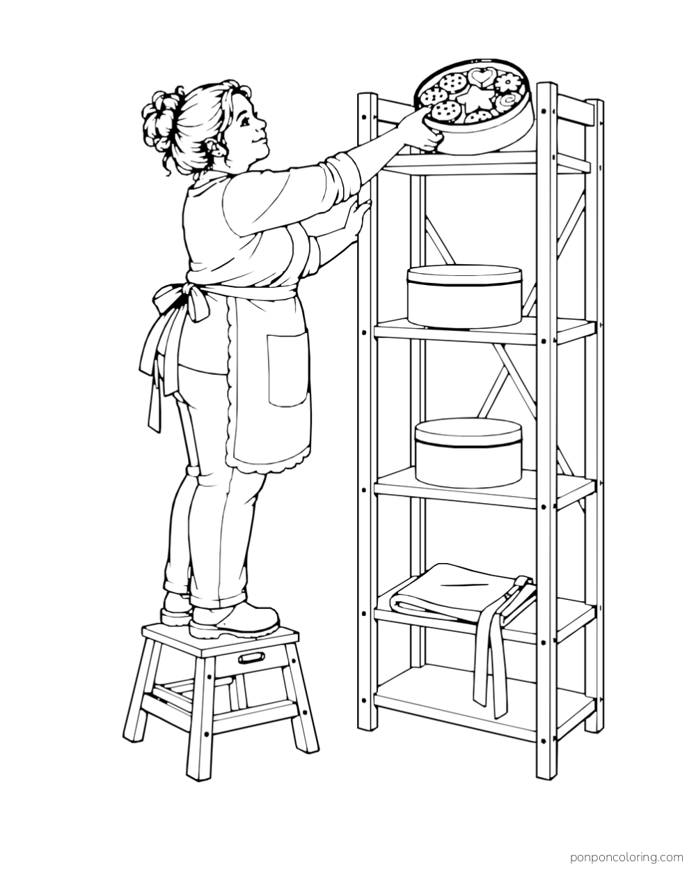 A baker stands on a stool and reaches for a cookie tin on a shelf.