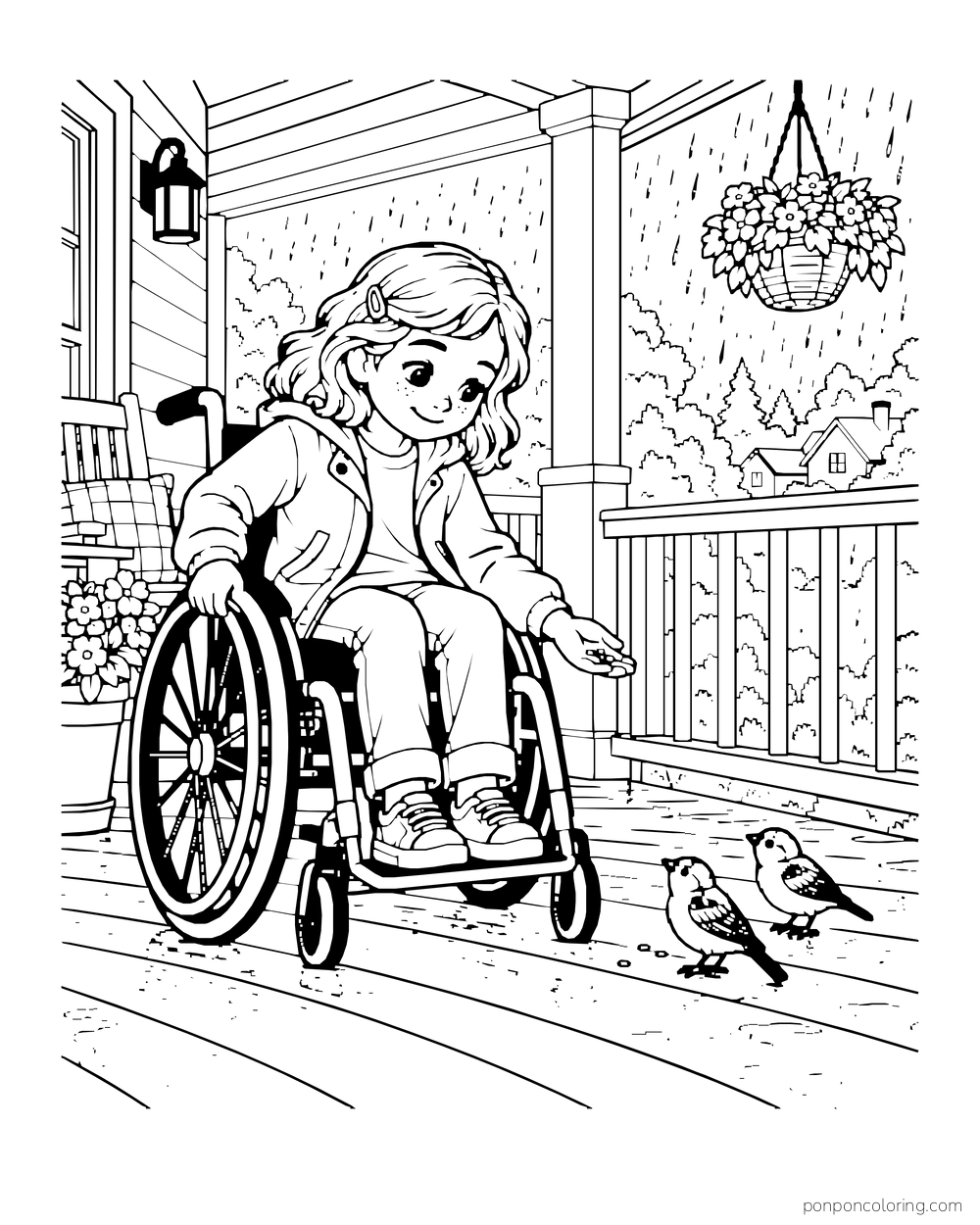 A child in a wheelchair reaches toward two birds from a covered porch.