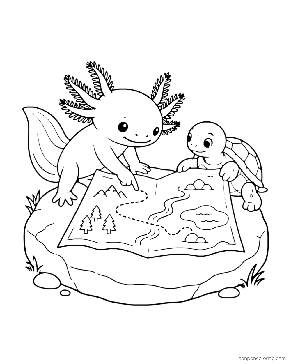 Axolotl and turtle looking over an open map on a flat rock beside a pond.