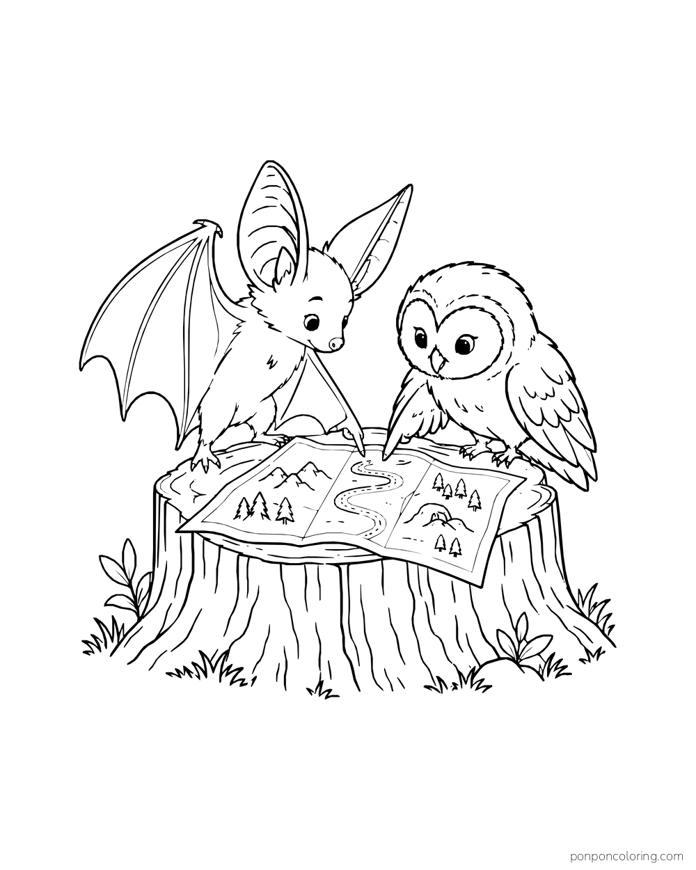 A bat and a small owl study an open map spread over a tree stump.