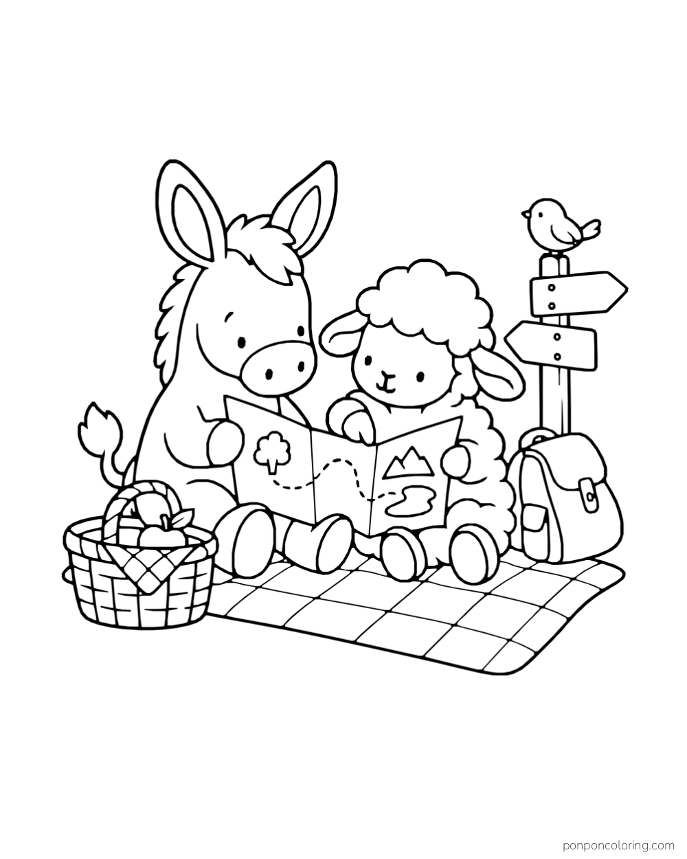 A donkey and sheep sit on a picnic blanket reading a map beside a backpack and signpost.