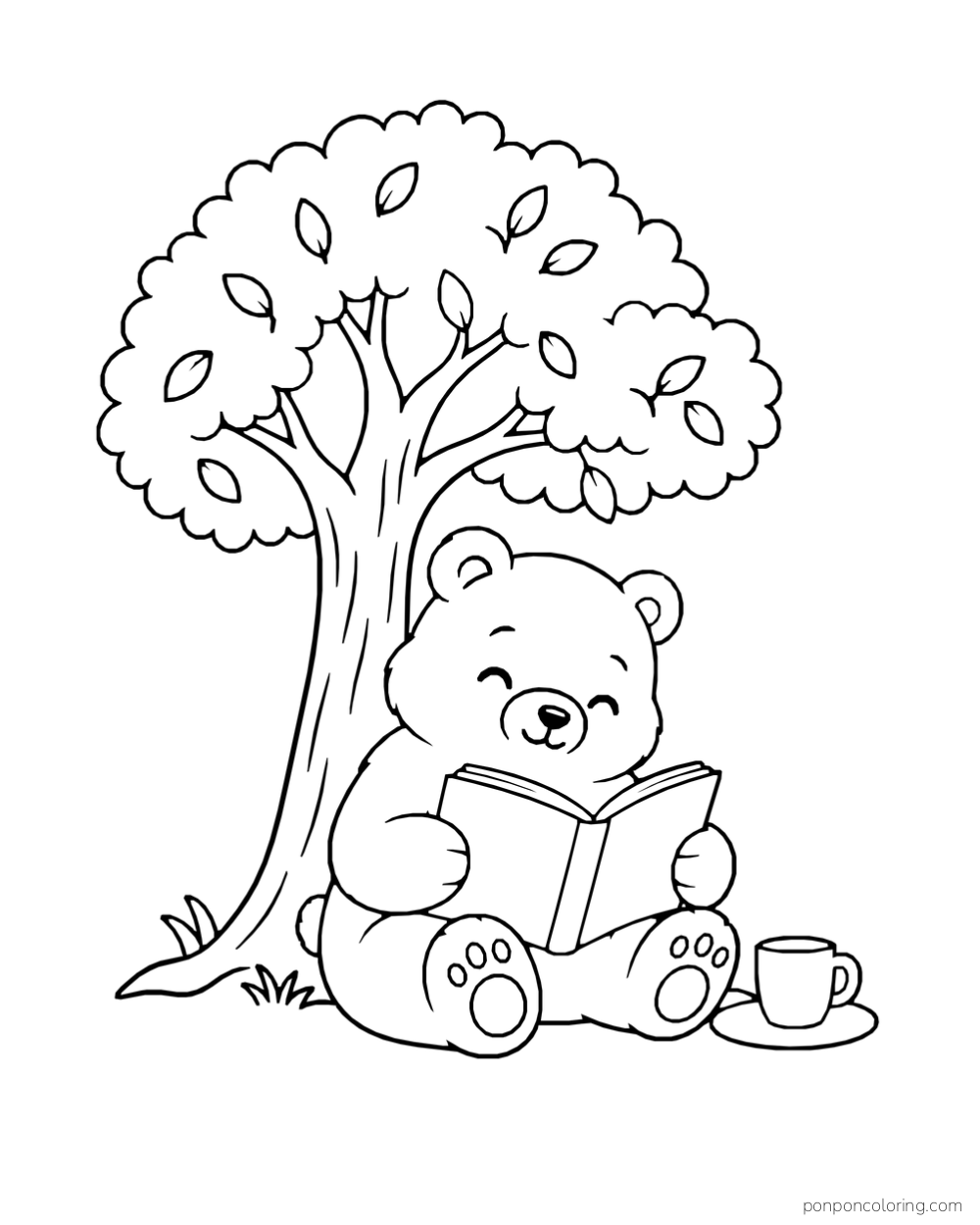 A seated bear reads a book below a complete small tree, with a cup beside it.