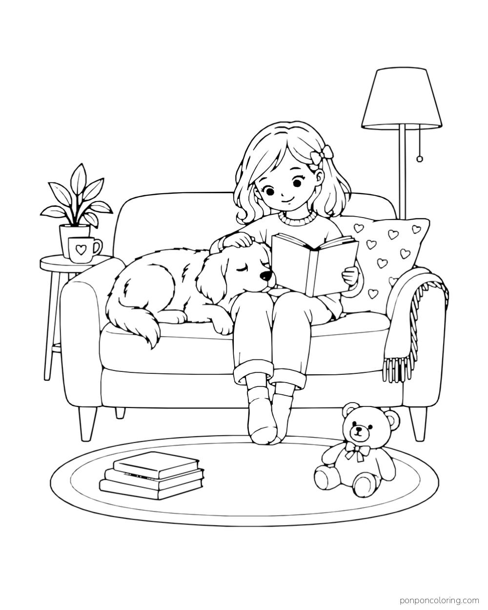 A girl reads on a sofa while a dog rests its head on her lap beside a heart-patterned pillow.