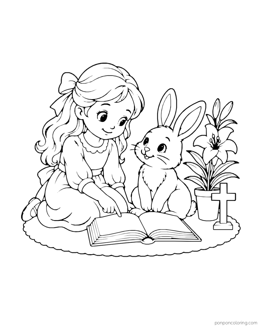 A child and rabbit sit beside an open book, a pot of lilies and a small cross.