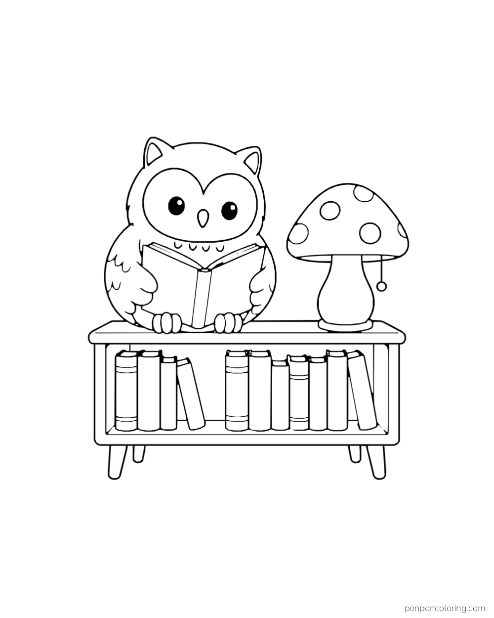 An owl holds an open book atop a low bookcase beside a mushroom-shaped lamp.