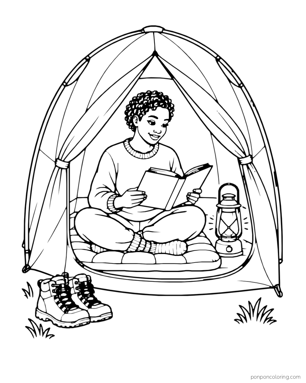 A camper reads beside a lantern through an open tent flap.