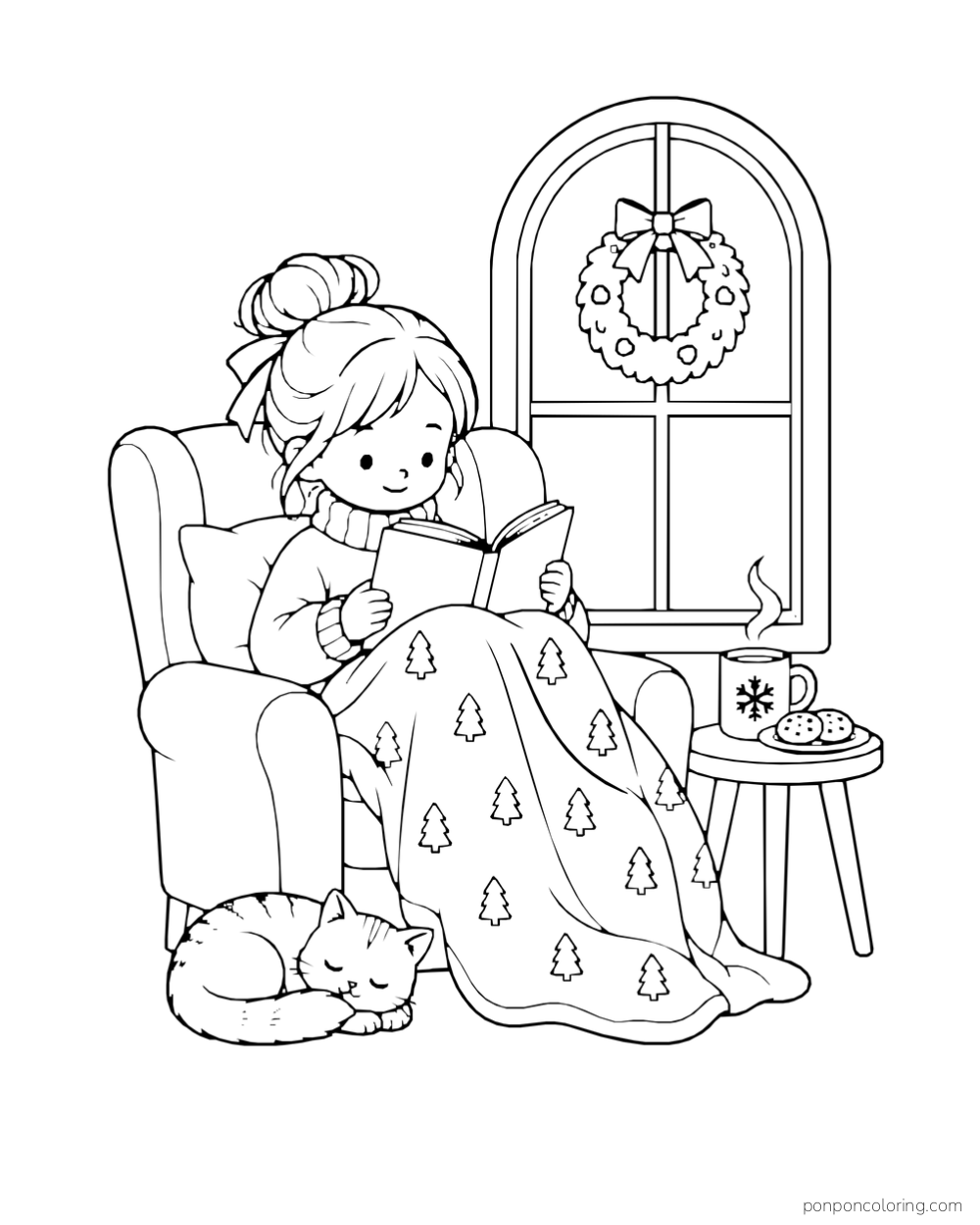 A child reads under a tree-patterned blanket beside a wreath window, cookies, cocoa, and a sleeping cat.