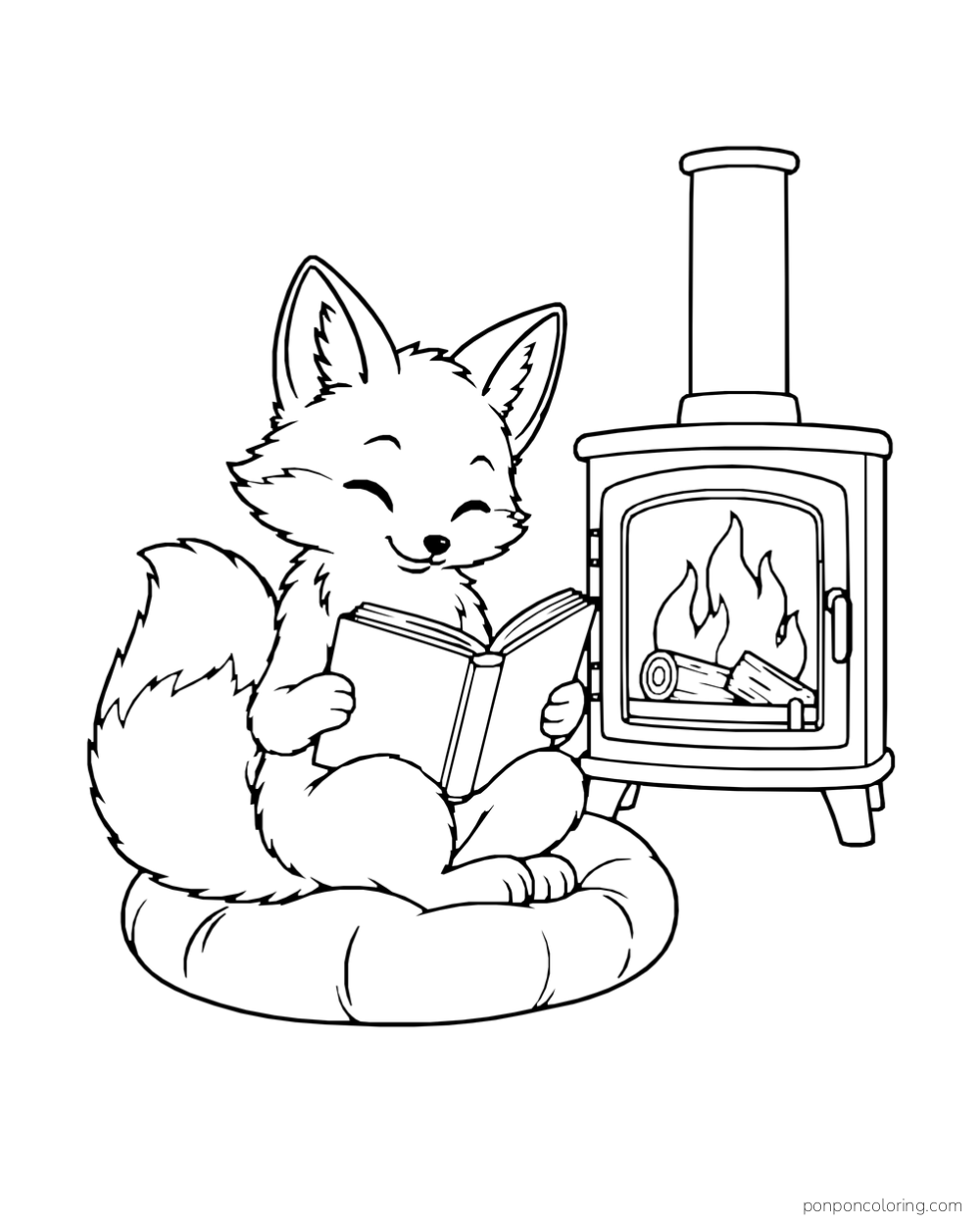 A fox reading on a cushion beside a small stove with visible logs.