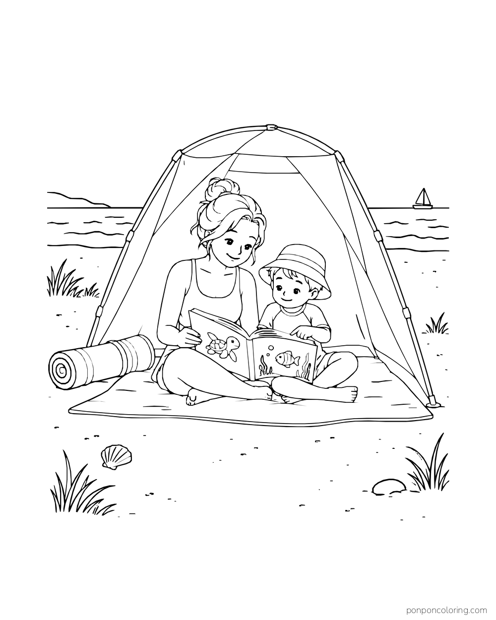 An adult and child read an open picture book inside a low beach shade tent.
