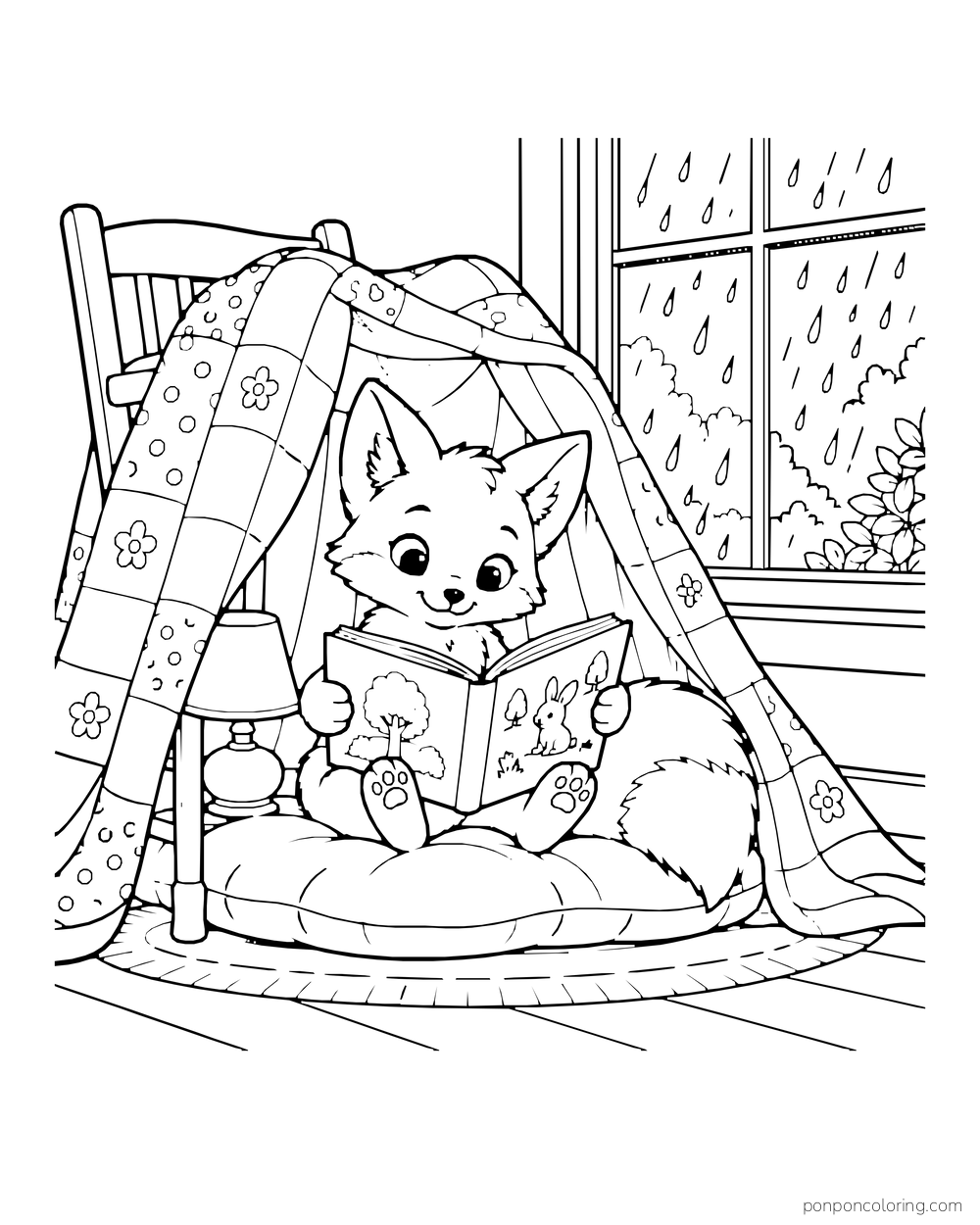 A fox cub reads inside a blanket fort beside a rainy window.