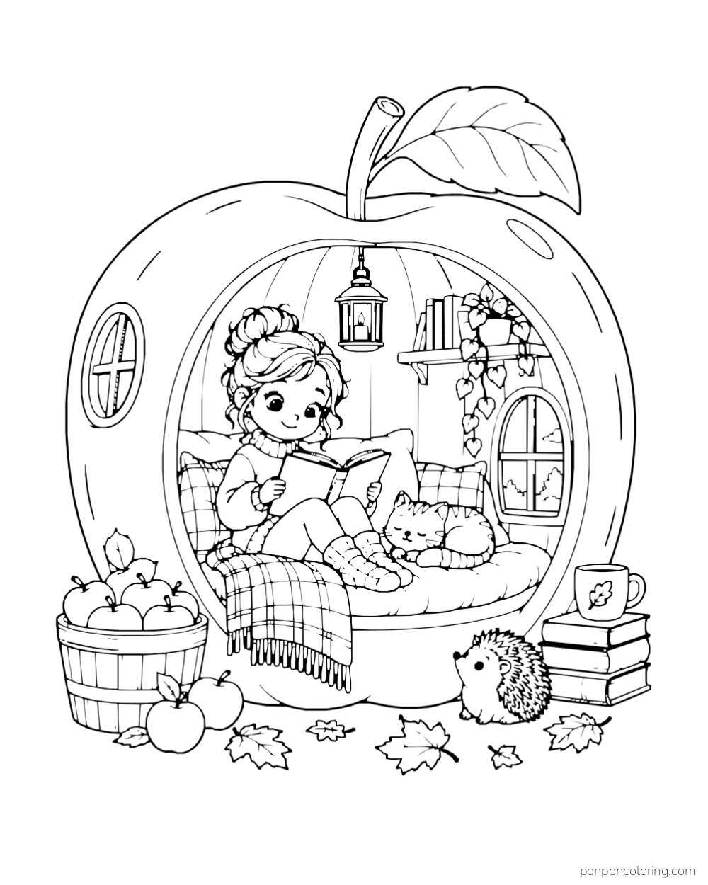 A child reads inside an apple-shaped nook with a cat, a blanket, and a hedgehog nearby.