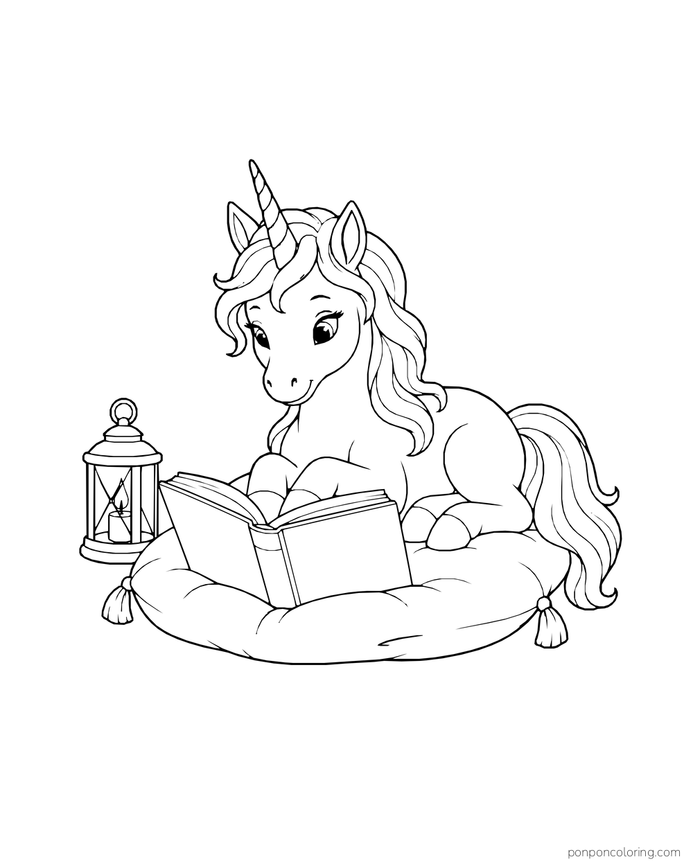 A unicorn sits on a cushion with an open book in a simple reading nook.
