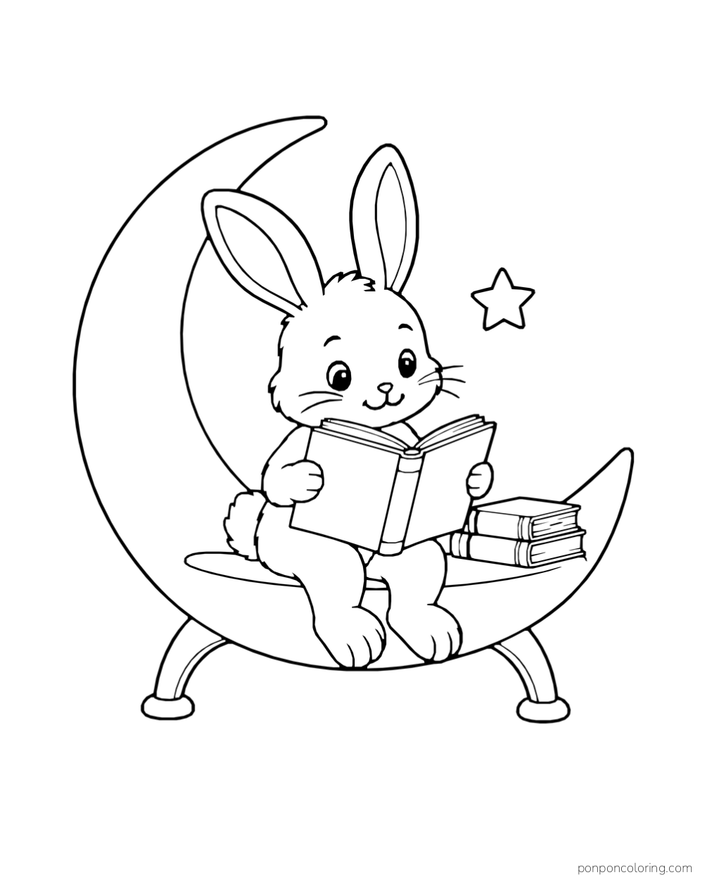 A rabbit reading on a crescent-shaped bench beside a star and two stacked books.