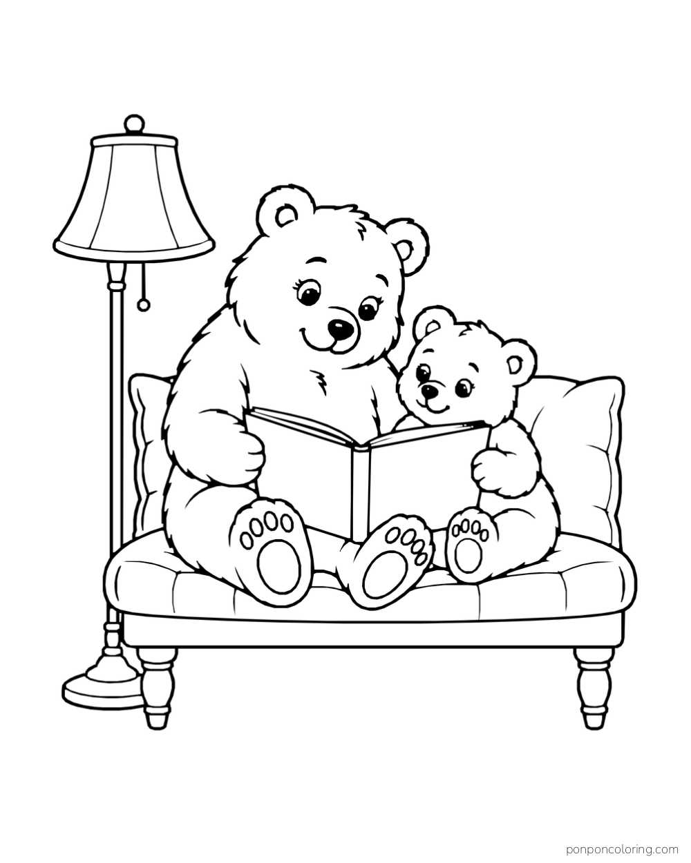 Two bears of different sizes share an open book on a cushioned bench beside a floor lamp.