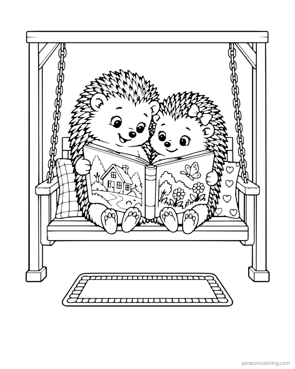 Two hedgehogs read an open picture book together on a chain-hung porch swing.
