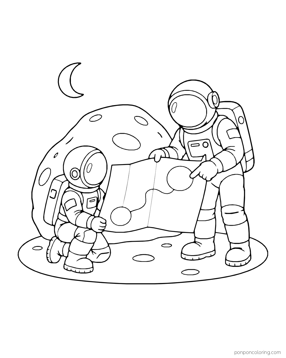 Two astronauts hold an open map beside a broad moon rock.