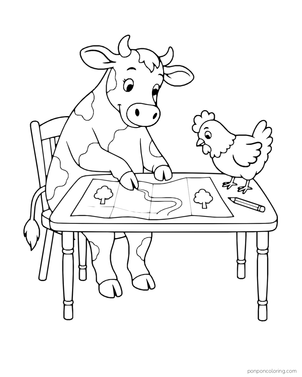 A seated cow studies an open map on a table while a chicken looks on.