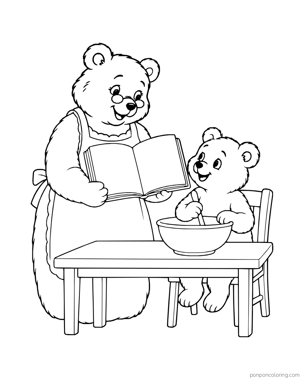 A bear holds an open recipe book while a cub stirs a bowl at the kitchen table.