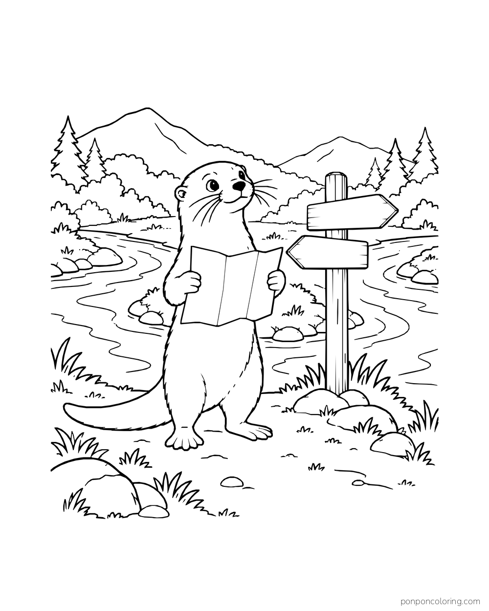 Otter reading an unfolded blank map beside a signpost at a river fork.