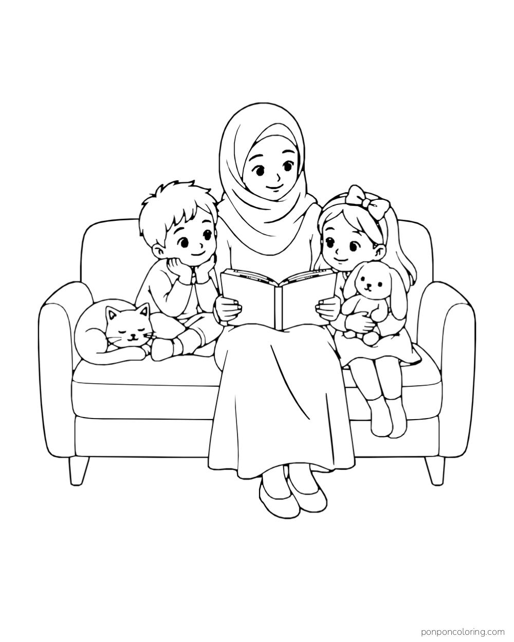 A woman wearing a headscarf reads to two children on a sofa beside a sleeping cat and a toy rabbit.