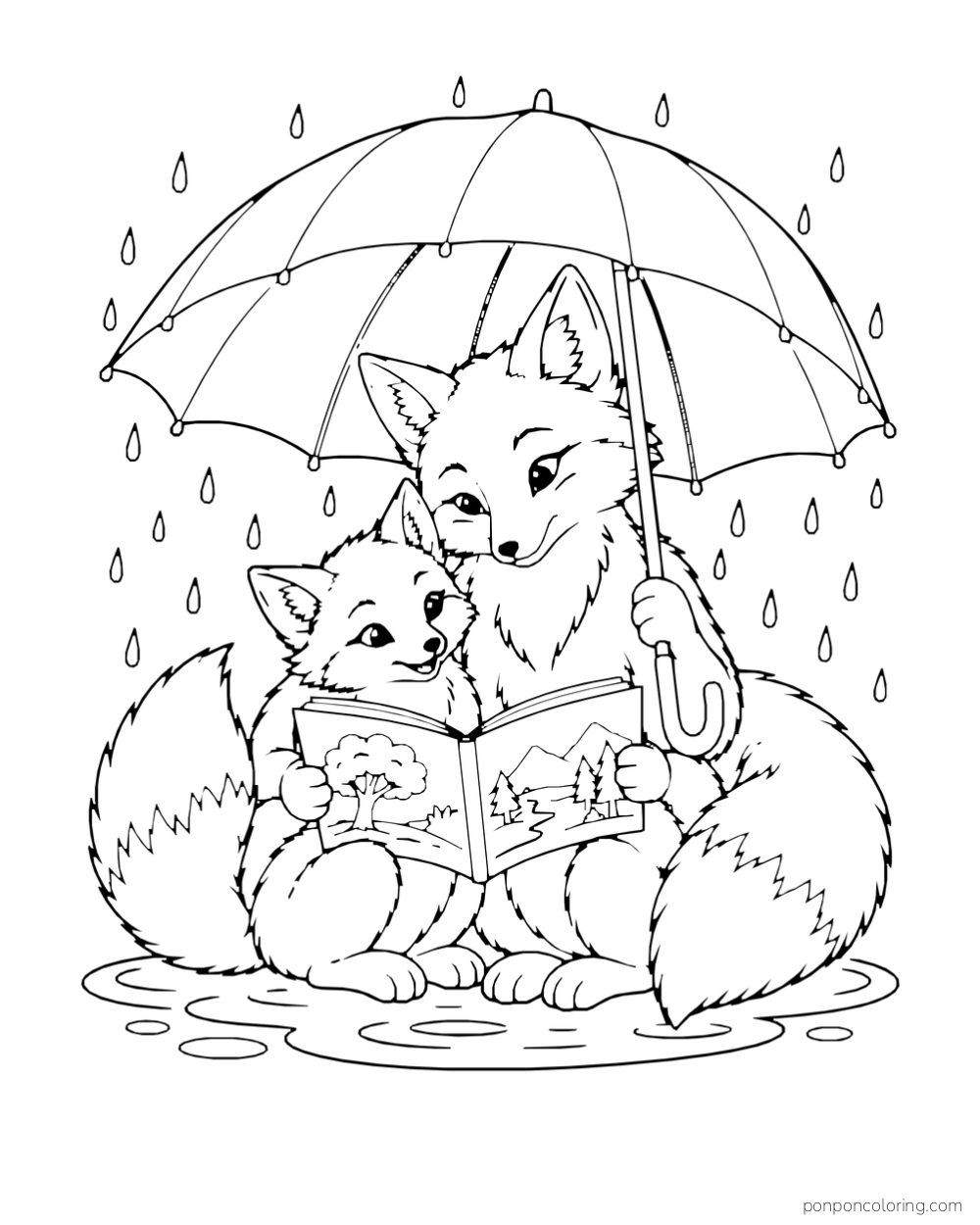 A large fox and smaller fox read a picture book together beneath a complete umbrella.