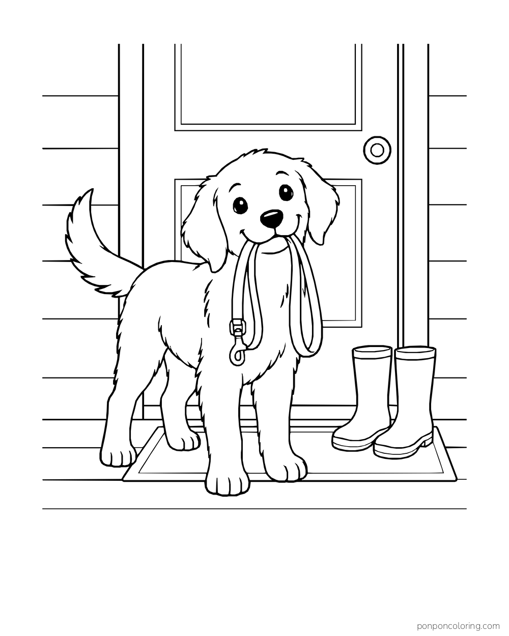 A puppy carries its leash in front of a closed door with boots on the mat.