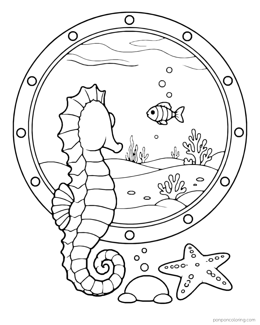 A seahorse seen from behind looking through a round porthole toward a fish, with a starfish and stones below.