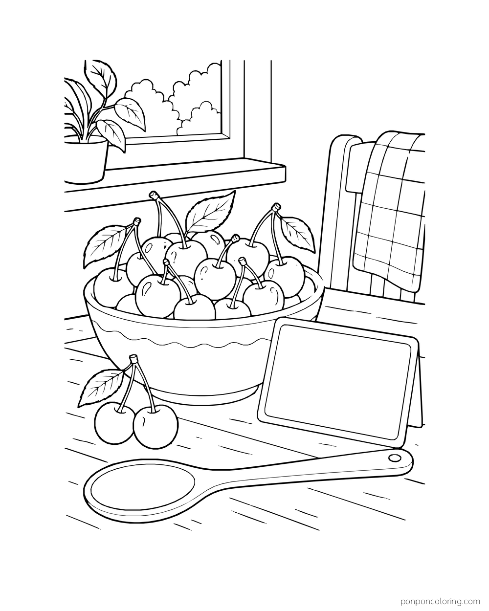 A blank recipe card sits beside a cherry bowl and wooden spoon on a kitchen table.