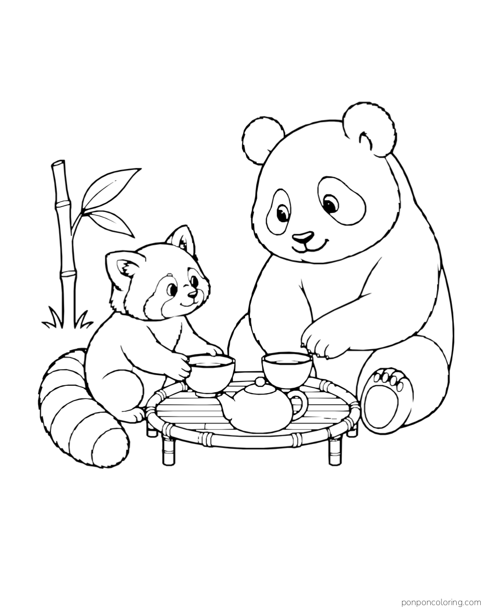 Red panda and panda sit around a low tray with a teapot and small cups.