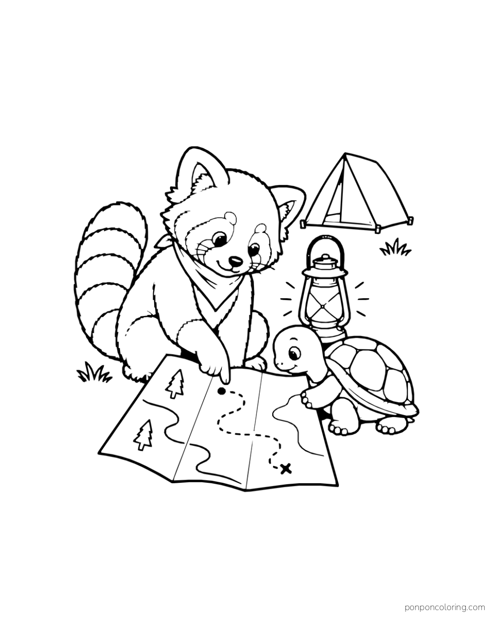 A red panda points at a trail map while a turtle holds its edge beside a lantern.