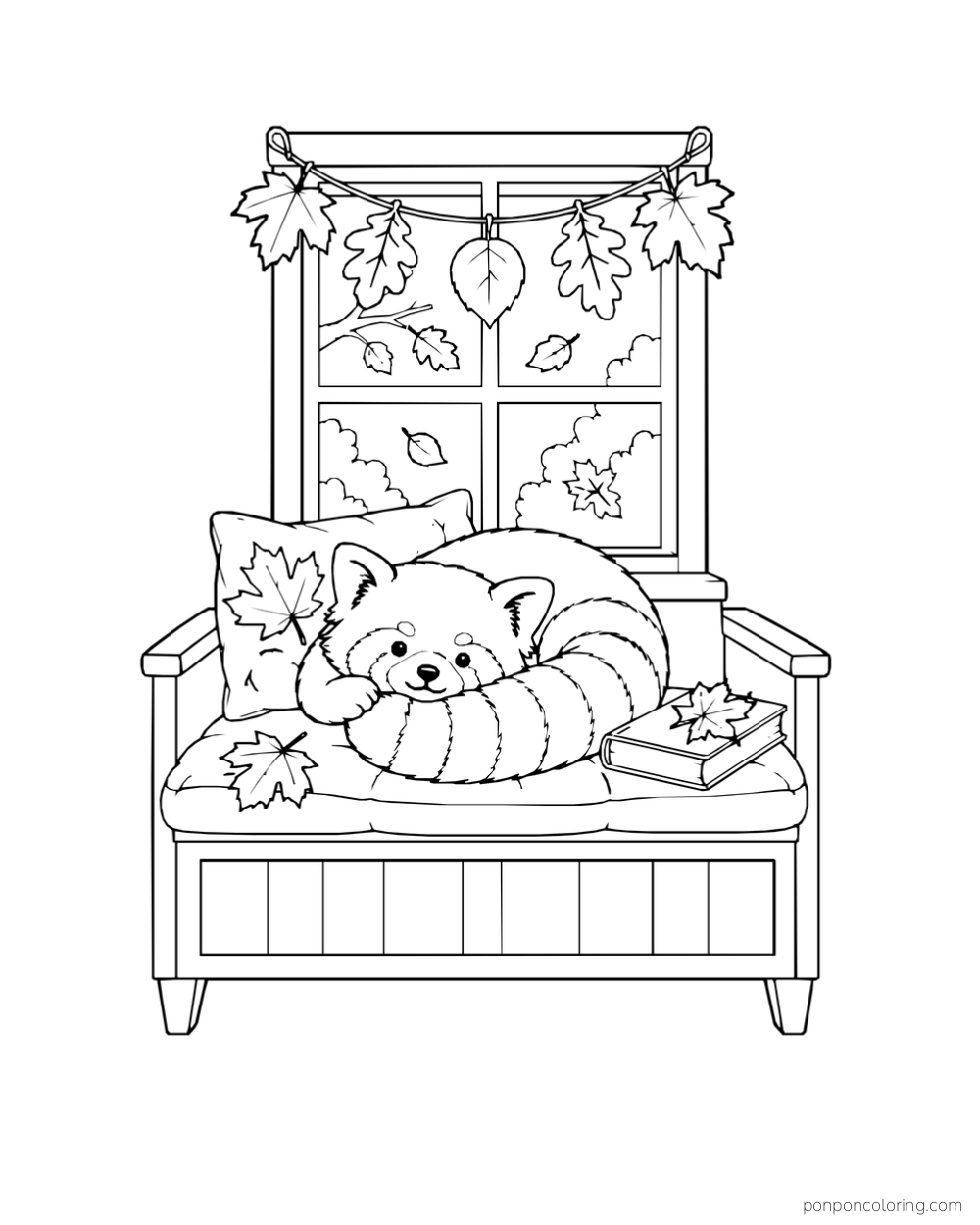A red panda curls on a cushioned bench below a window hung with fall leaves.