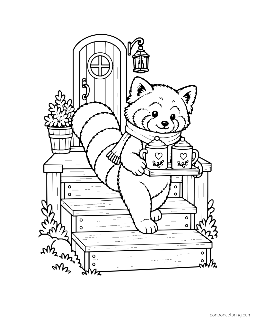 A red panda carries two cocoa mugs on a tray down short steps outside a round door.