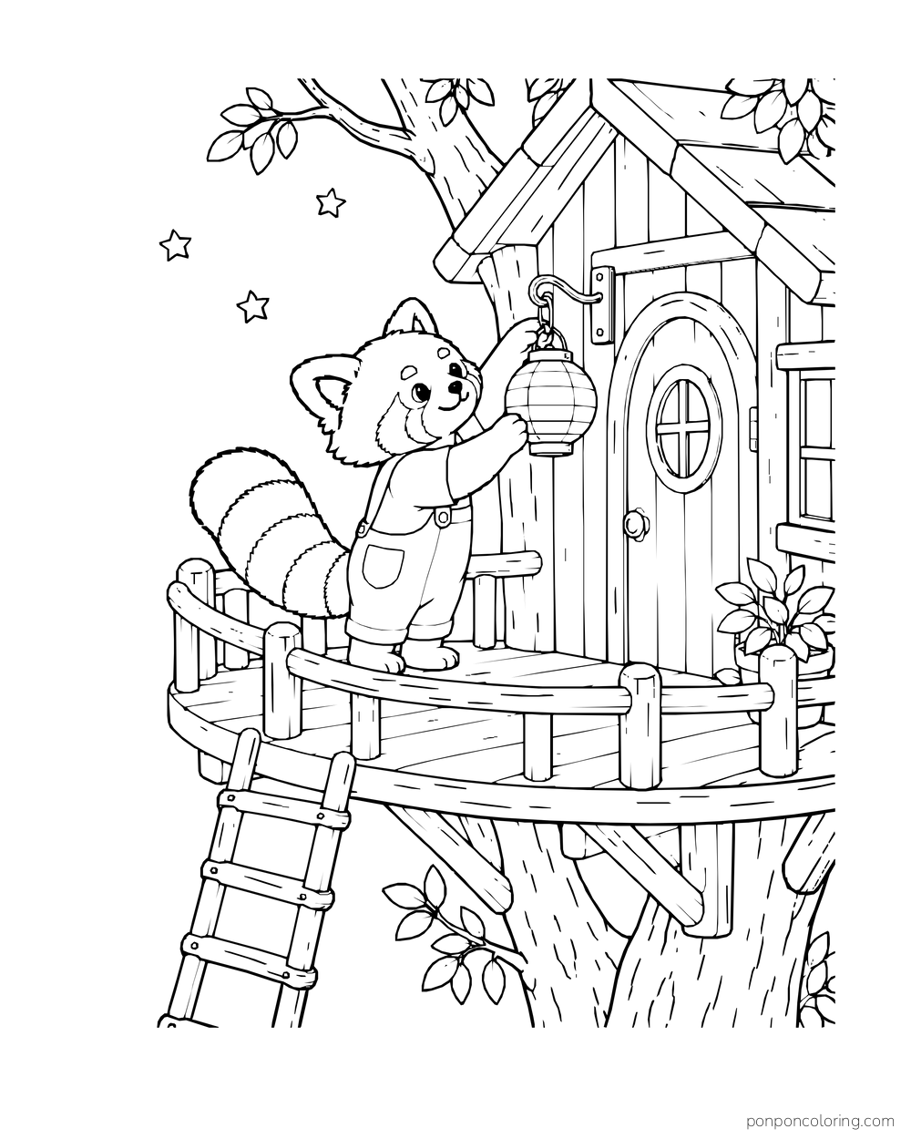 A red panda hangs a lantern beside a treehouse door beneath a starry sky.