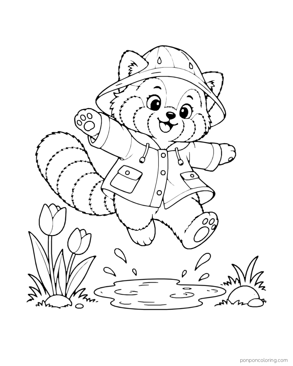 A red panda in a raincoat and hat jumps over a puddle beside two tulips.
