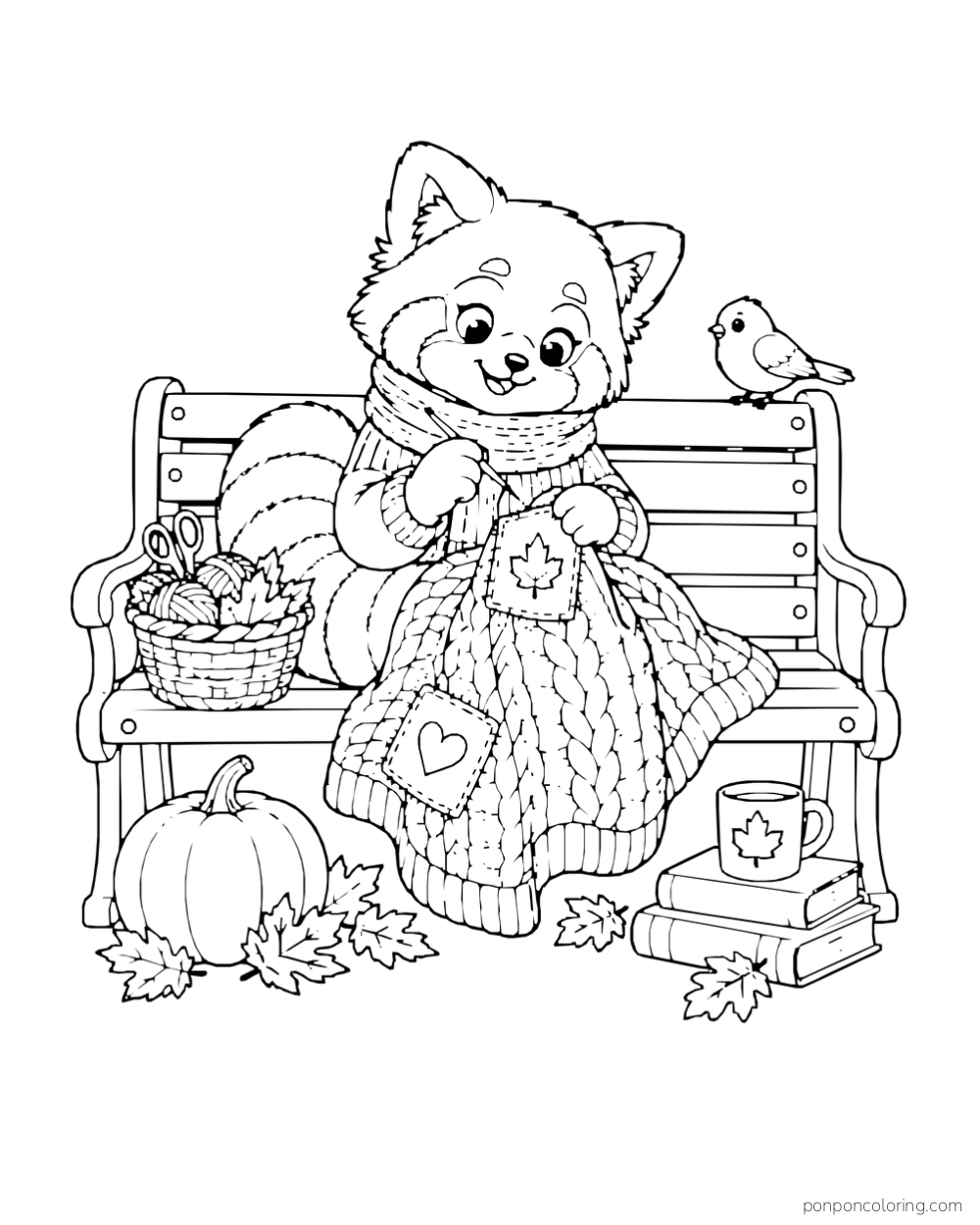 A red panda sews a leaf patch onto a knitted blanket on a bench beside a pumpkin, yarn basket, and bird.