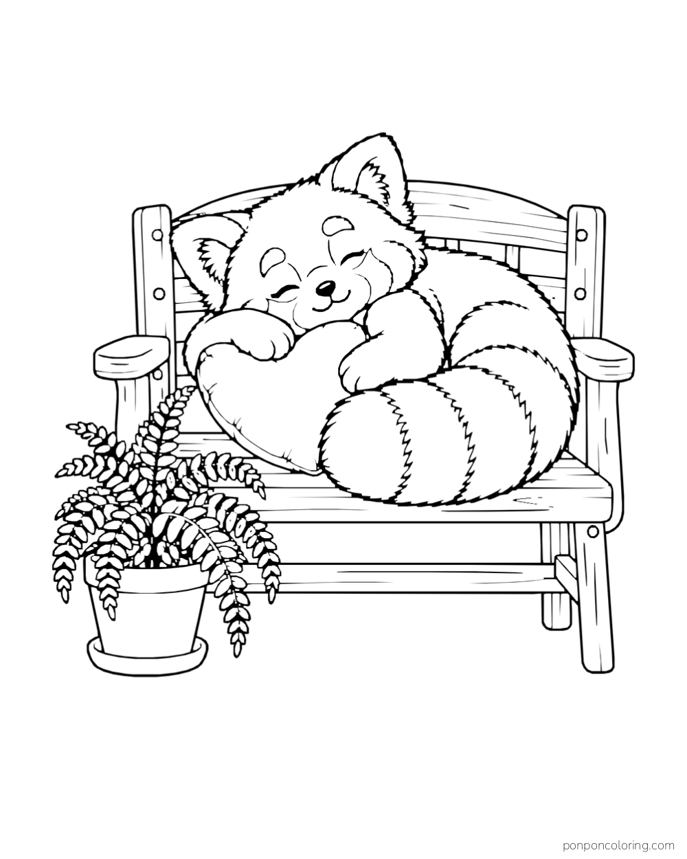 A red panda sleeps against a heart pillow on a wooden bench beside a potted fern.