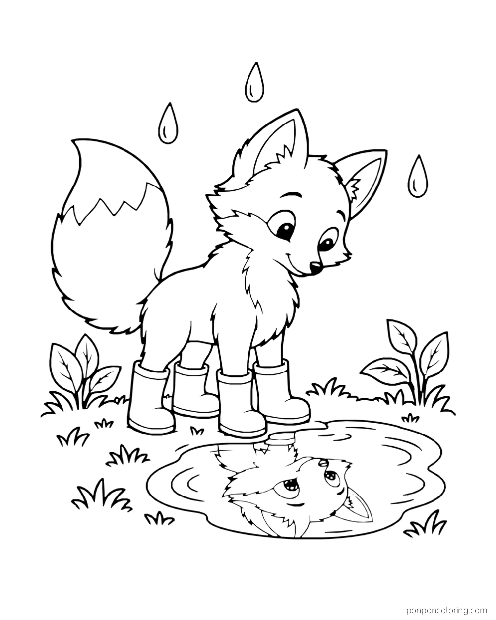A fox in rain boots looks into a puddle that reflects its face.