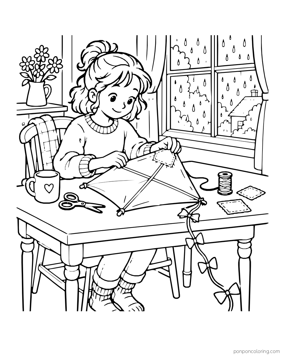 A young person works on a kite at a table beside a rainy window.