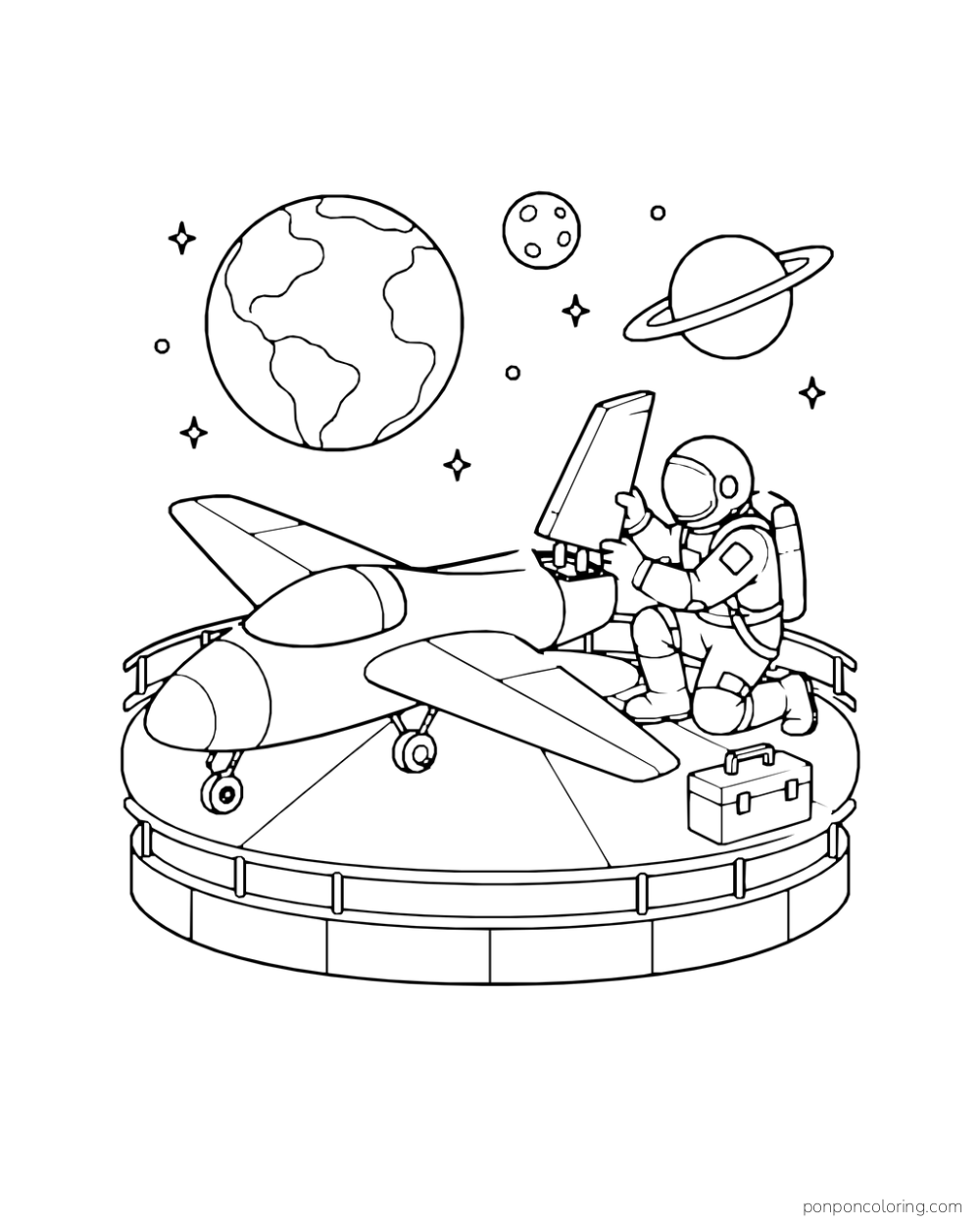 An astronaut works on a winged glider resting on a round platform.