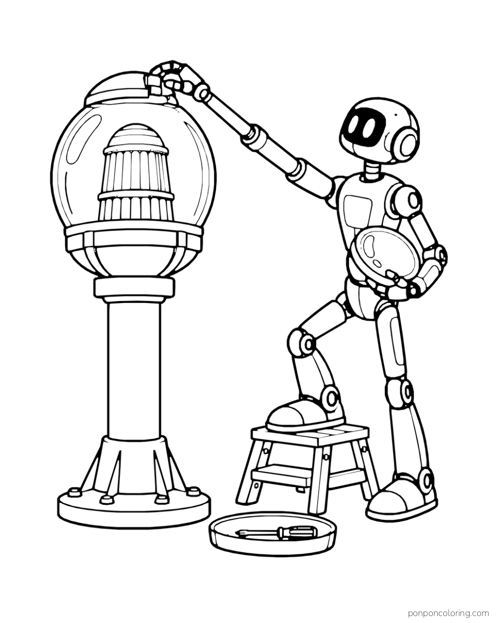 A service robot reaches up to repair a tall beacon.