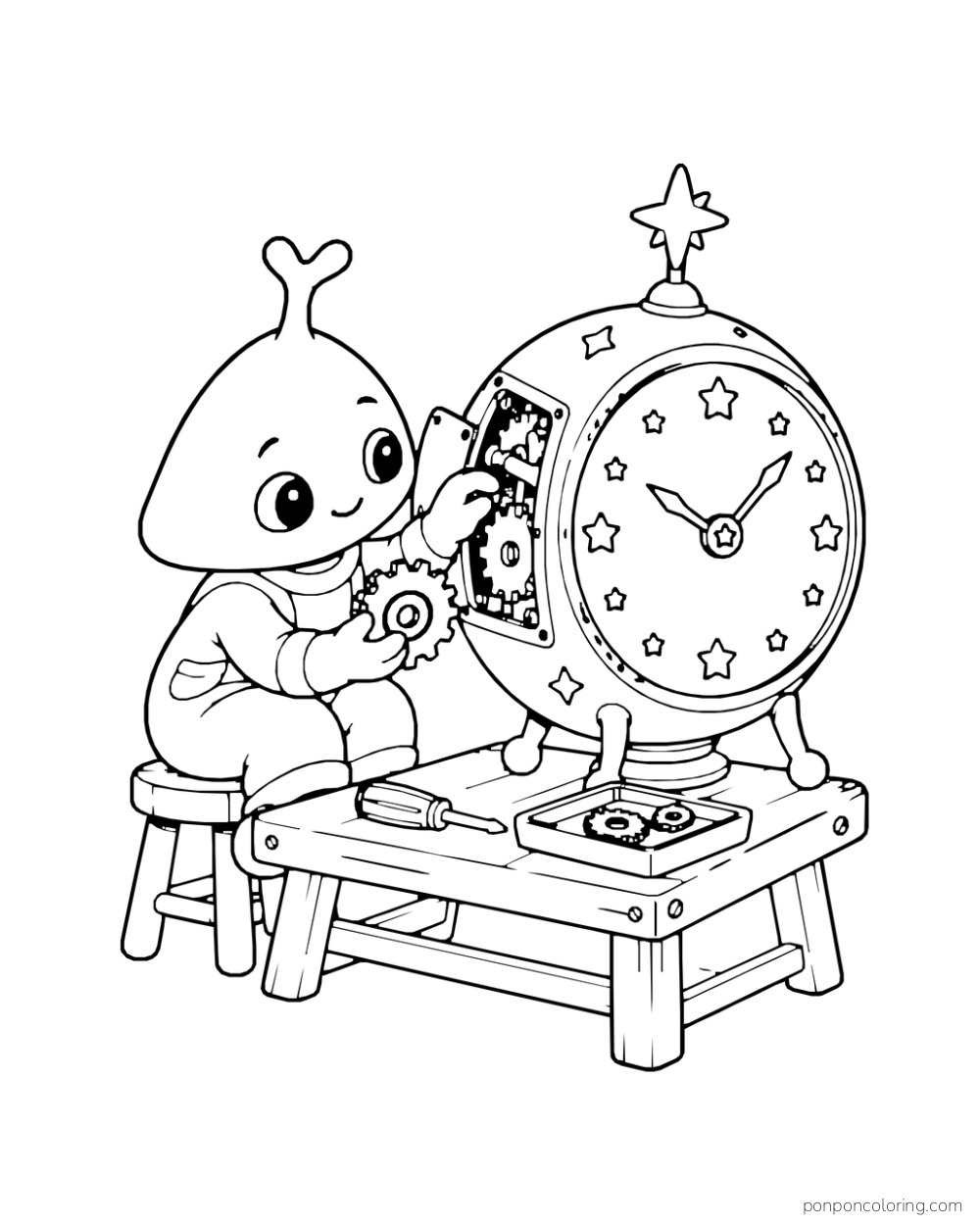 An alien holds a gear beside the open side panel of a round star clock.