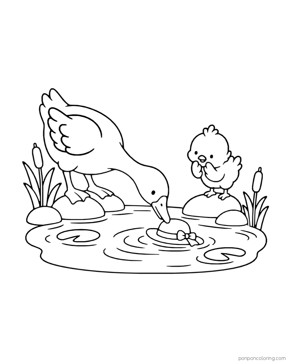 A goose reaches into a pond for a hat while a chick watches from a rock.