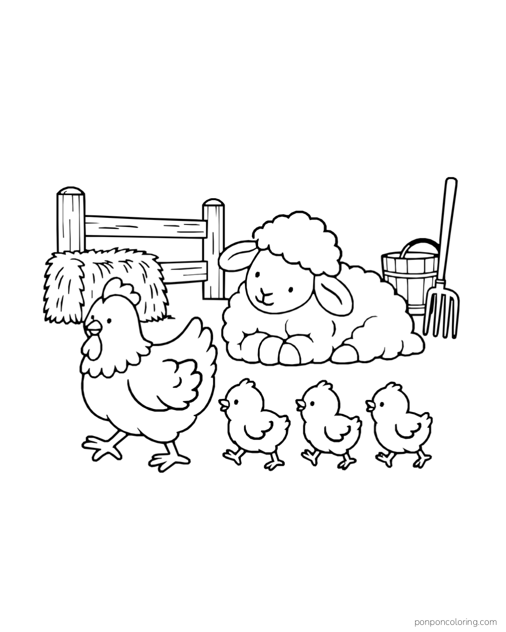 A sheep rests beside hay and a fence while a hen leads three chicks past.