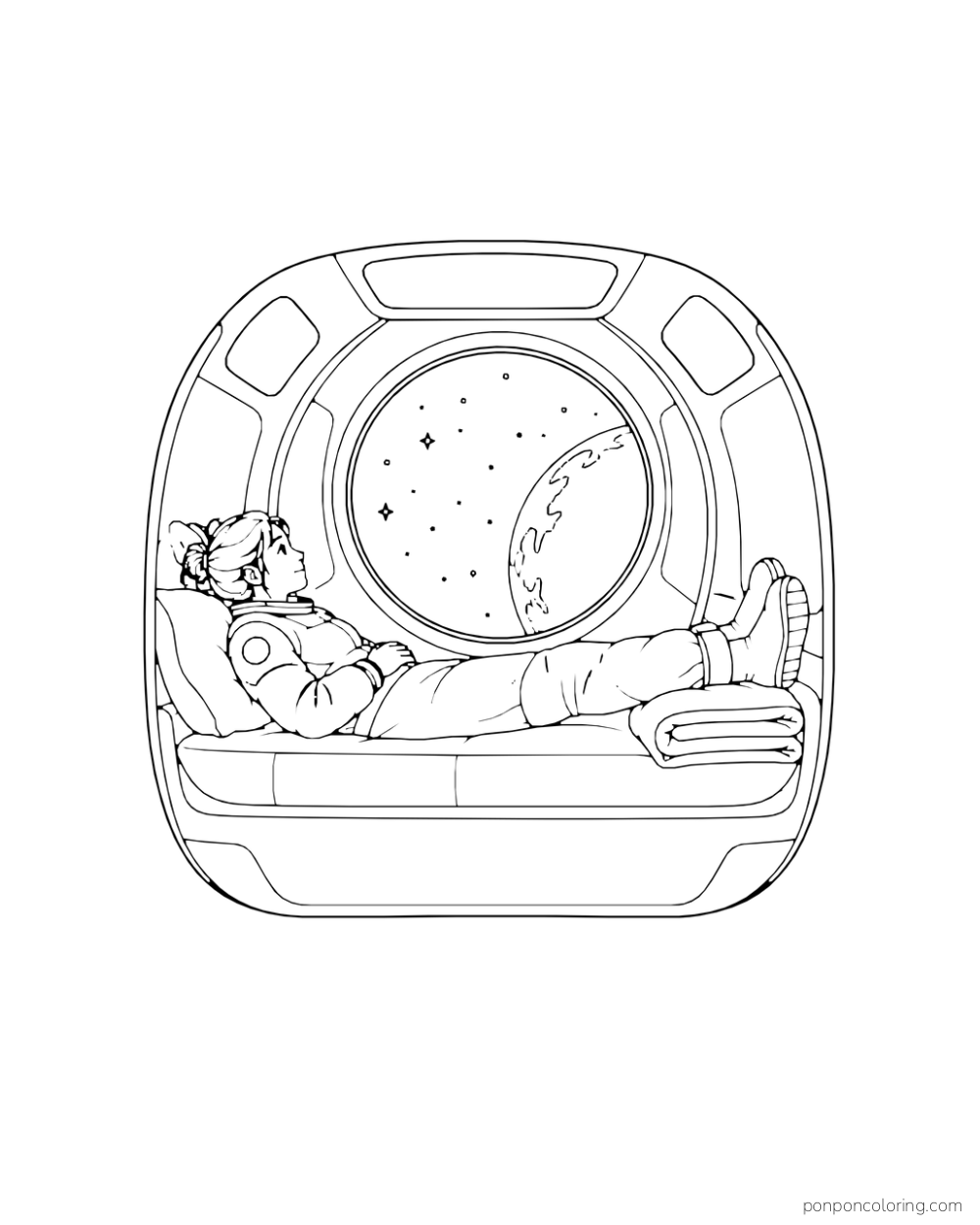 An astronaut reclines on a bunk beside a wide window and folded blanket.