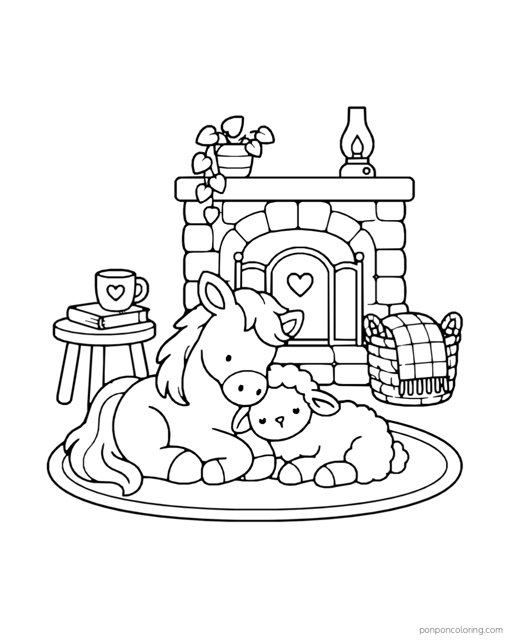 A pony and lamb rest on an oval rug in front of a fireplace.