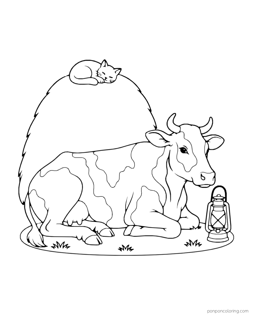 A cow lies beside a haystack topped by a sleeping cat, with a lantern nearby.