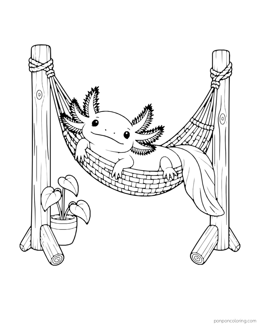 Axolotl reclining in a woven hammock hung between two complete posts beside a small potted plant.