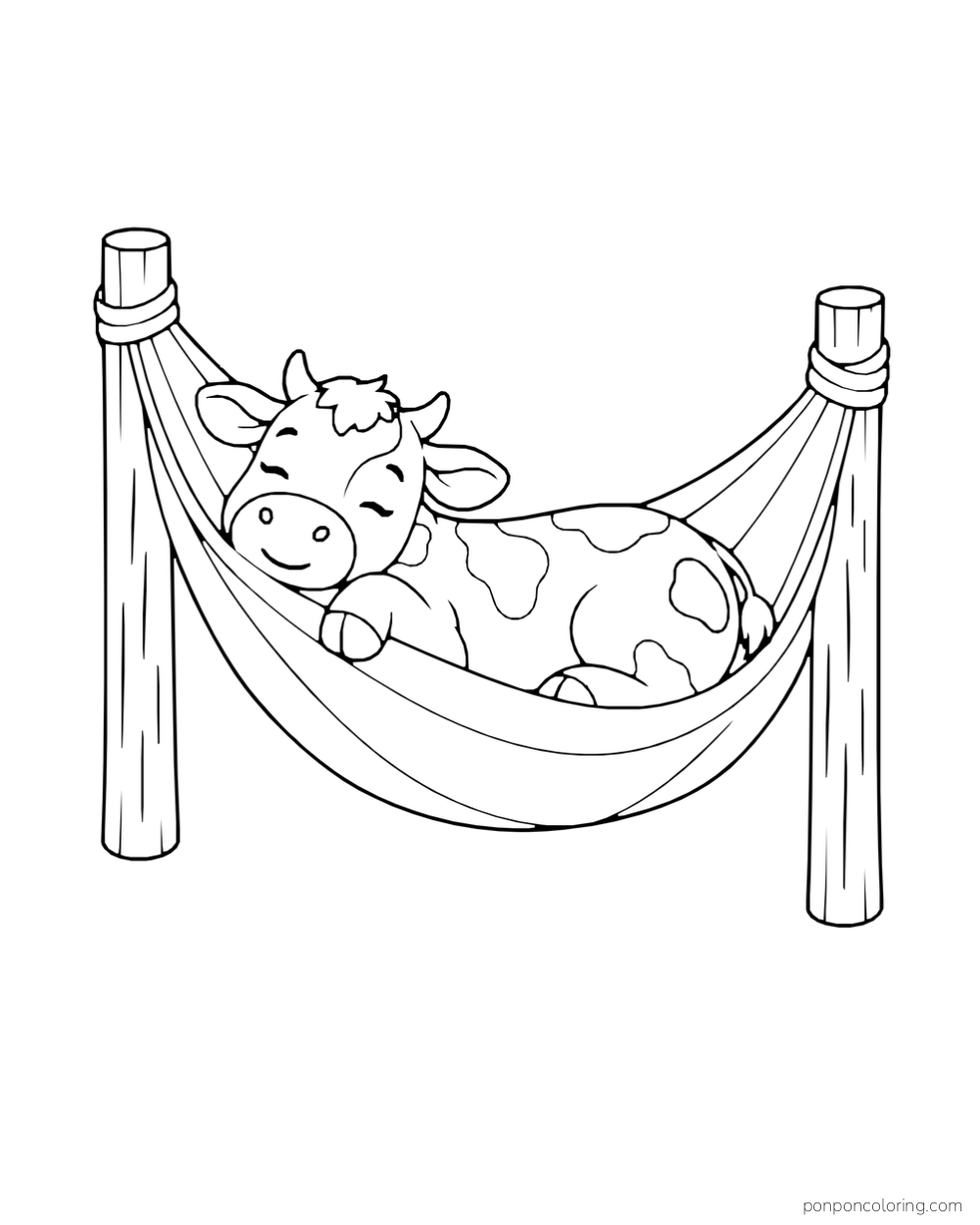 A cow lies in a hammock stretched between two posts.
